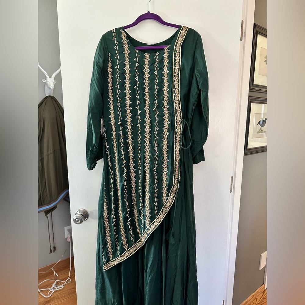 Floor length green and gold dress